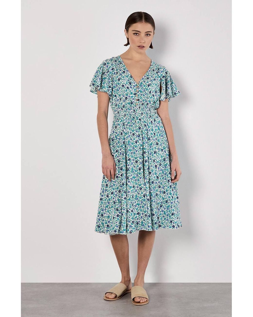 Apricot Blue Watercolour Floral Midi Dress