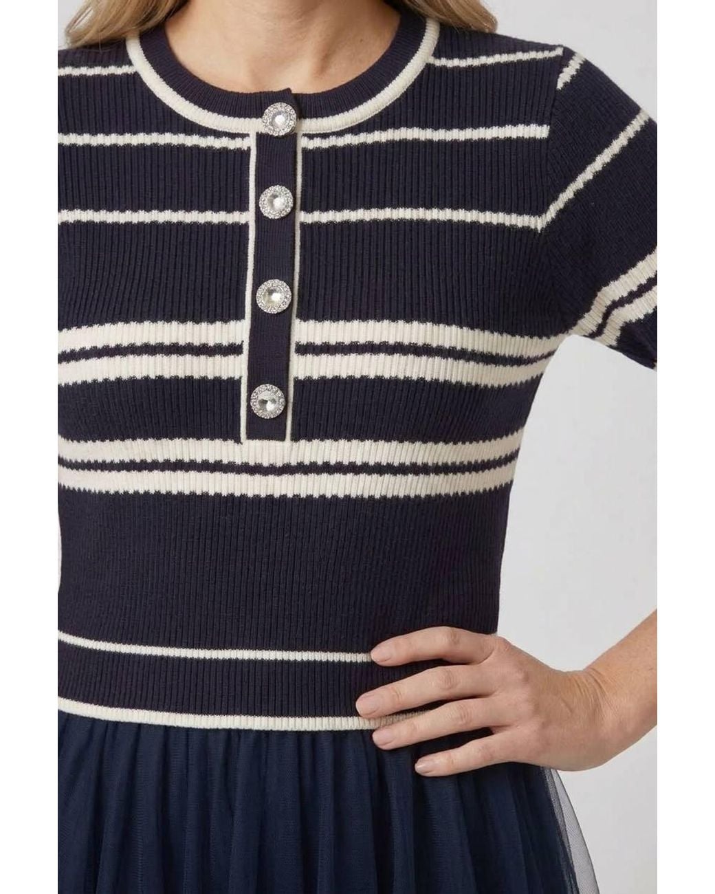 Izabel London Blue Striped Knit Mesh Texture Midi Dress