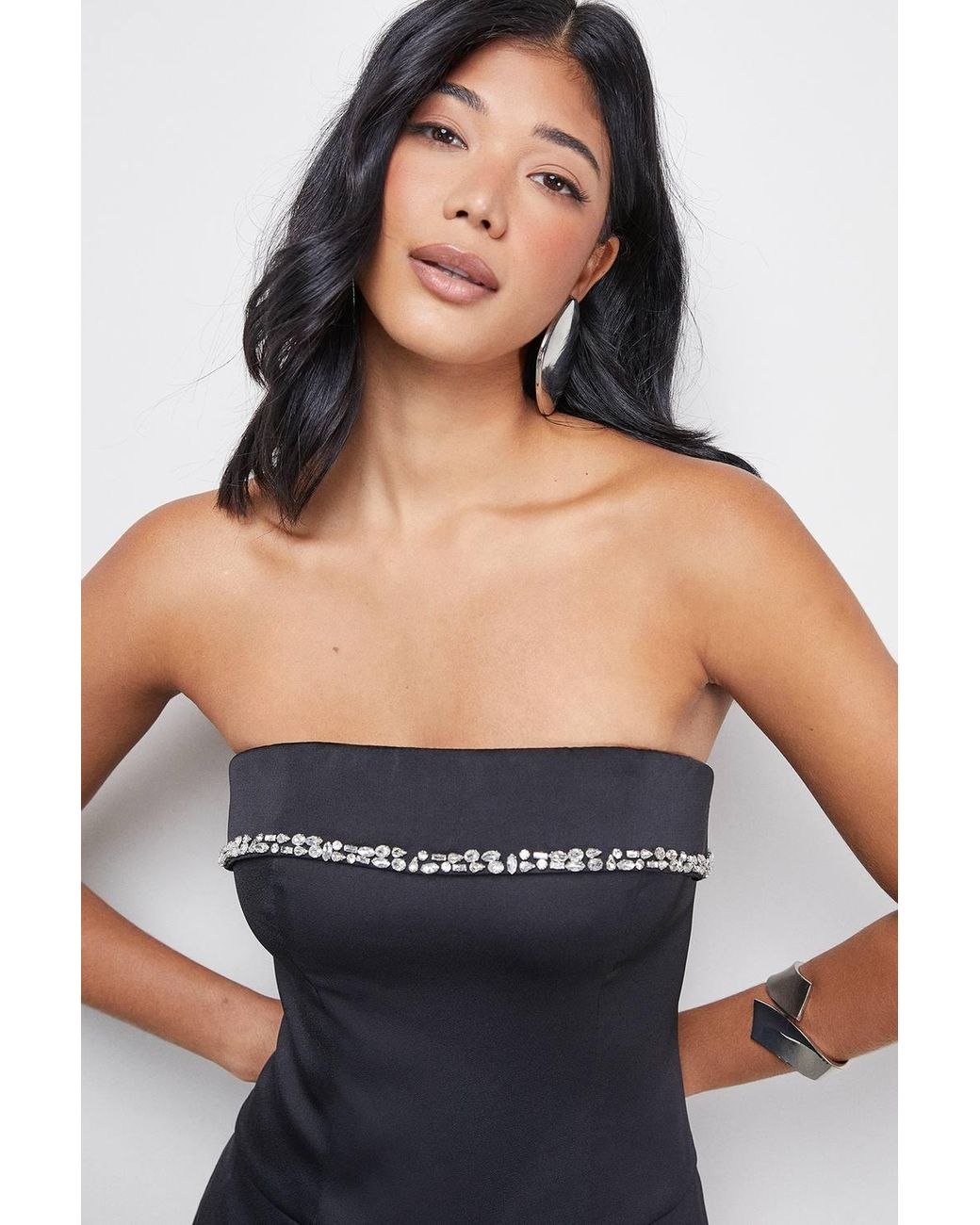 Warehouse Blue Gem Embellished Satin Bandeau Jumpsuit