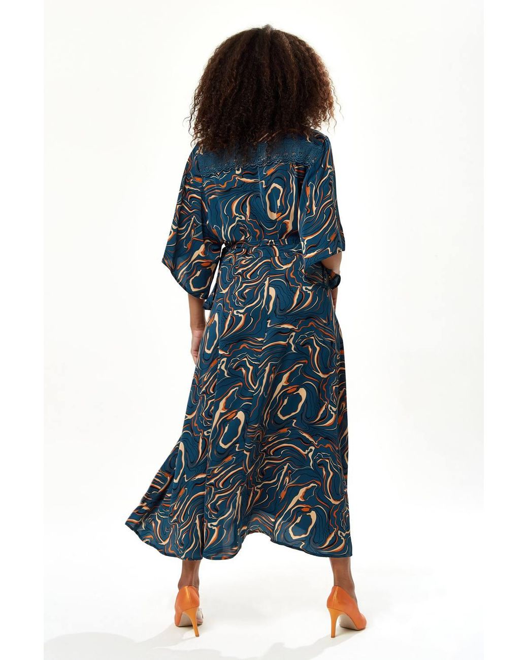 Liquorish Blue Scribble Print Maxi Wrap Dress W/ Kimono Sleeves