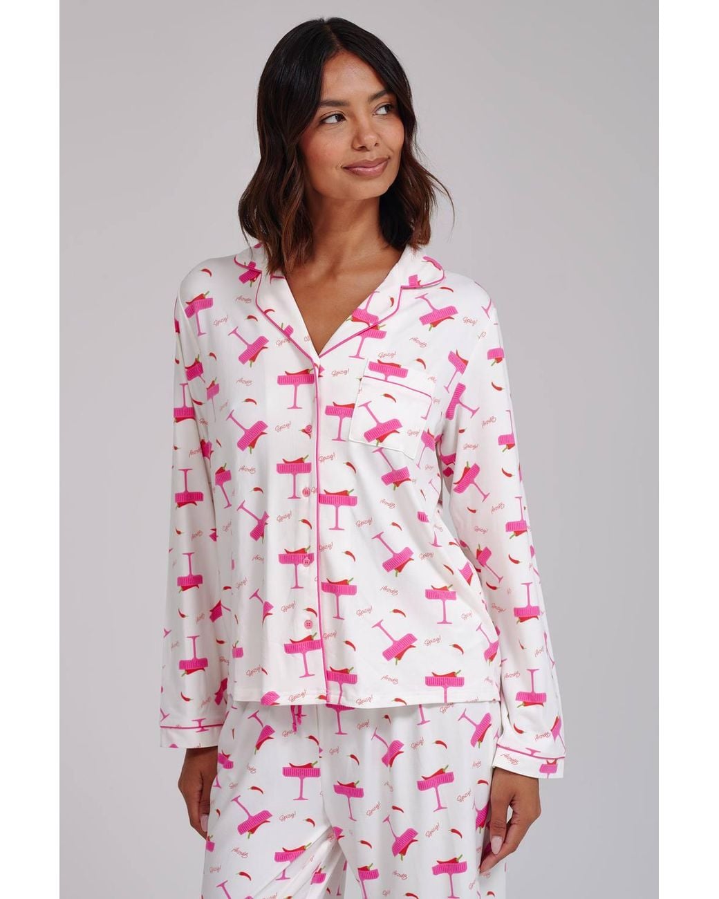 Loungeable Red Spicy Marg Print Wide Leg Traditional Revere Pyjama Set