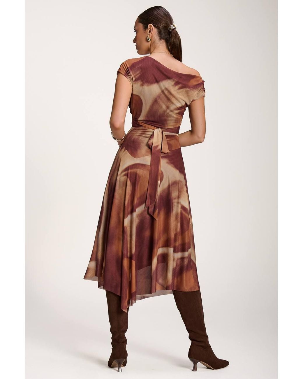 Jolie Moi Brown Asymmetric Draped Mesh Dress