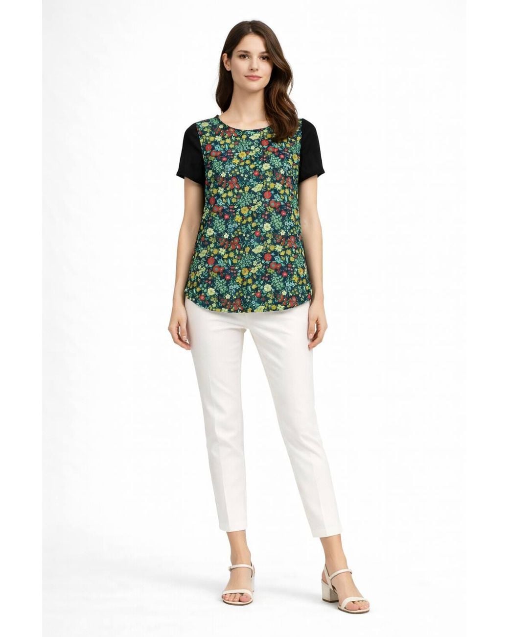 Cutie London Green Floral Print Short Sleeve Top With Contrast Sleeves