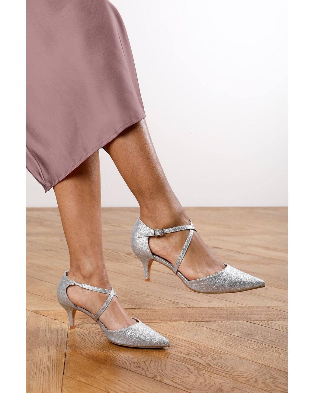 Where's That From Metallic 'Toscna' Crossover Straps Low Kitten Heels