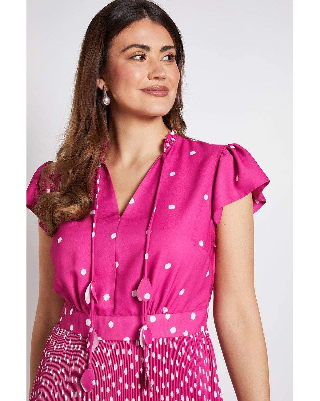 Wallis Pink Polka Dot Ruffle Neck Pleated Midi Dress