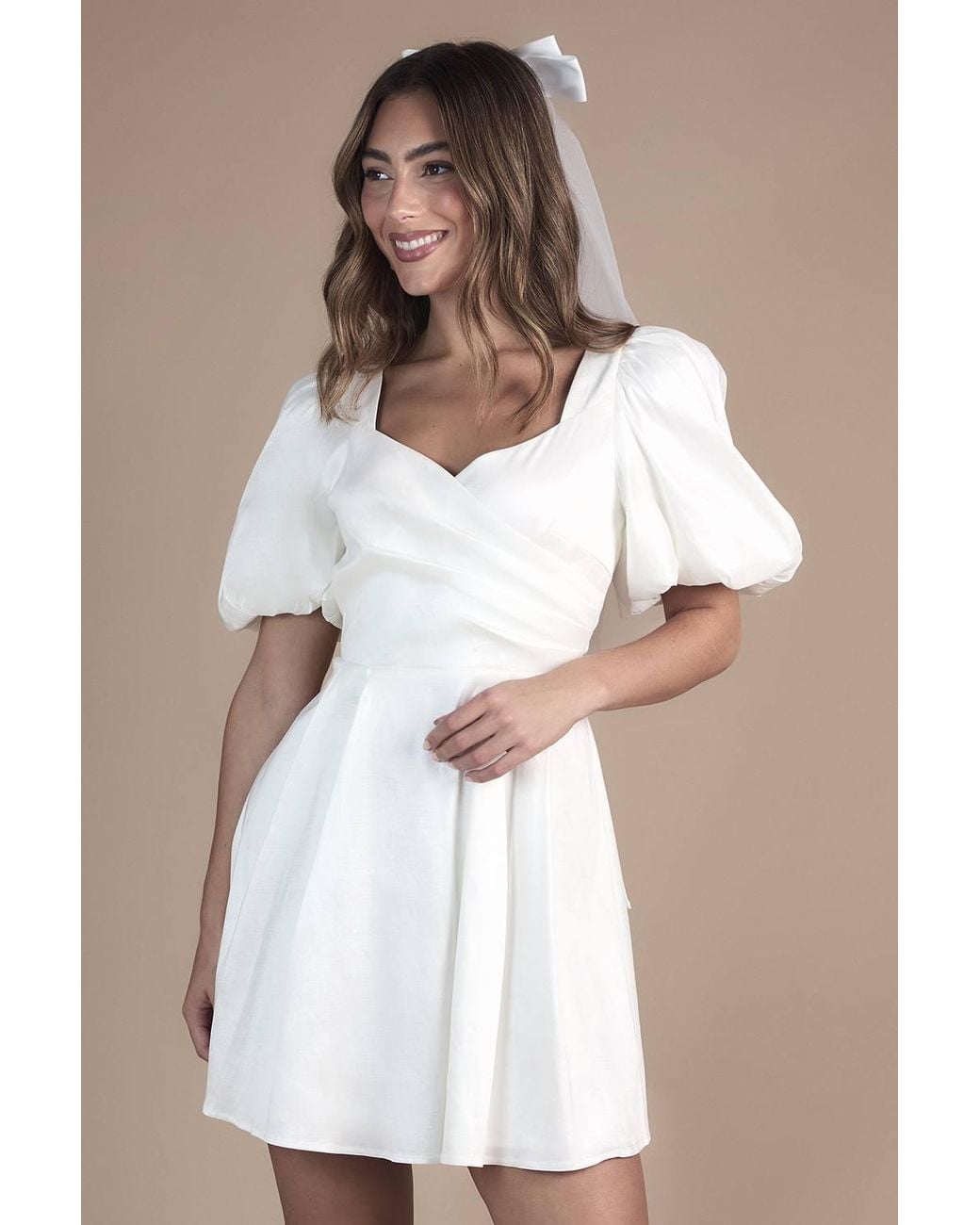 Coast White Puff Sleeve Mini Dress Wedding Dress W/ Tie Back