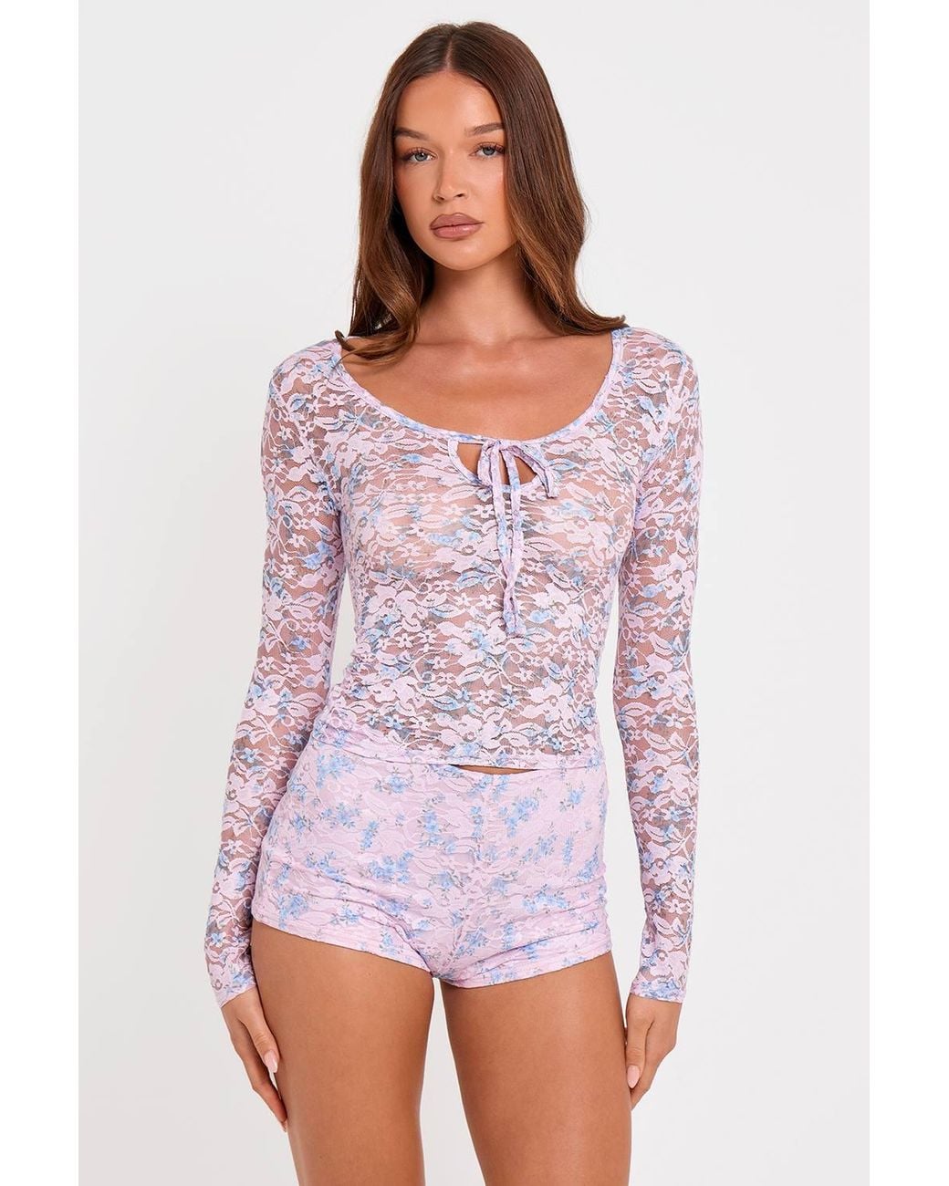 Public Desire White Long Sleeve Sheer Printed Floral Lace Scoop Neck Top