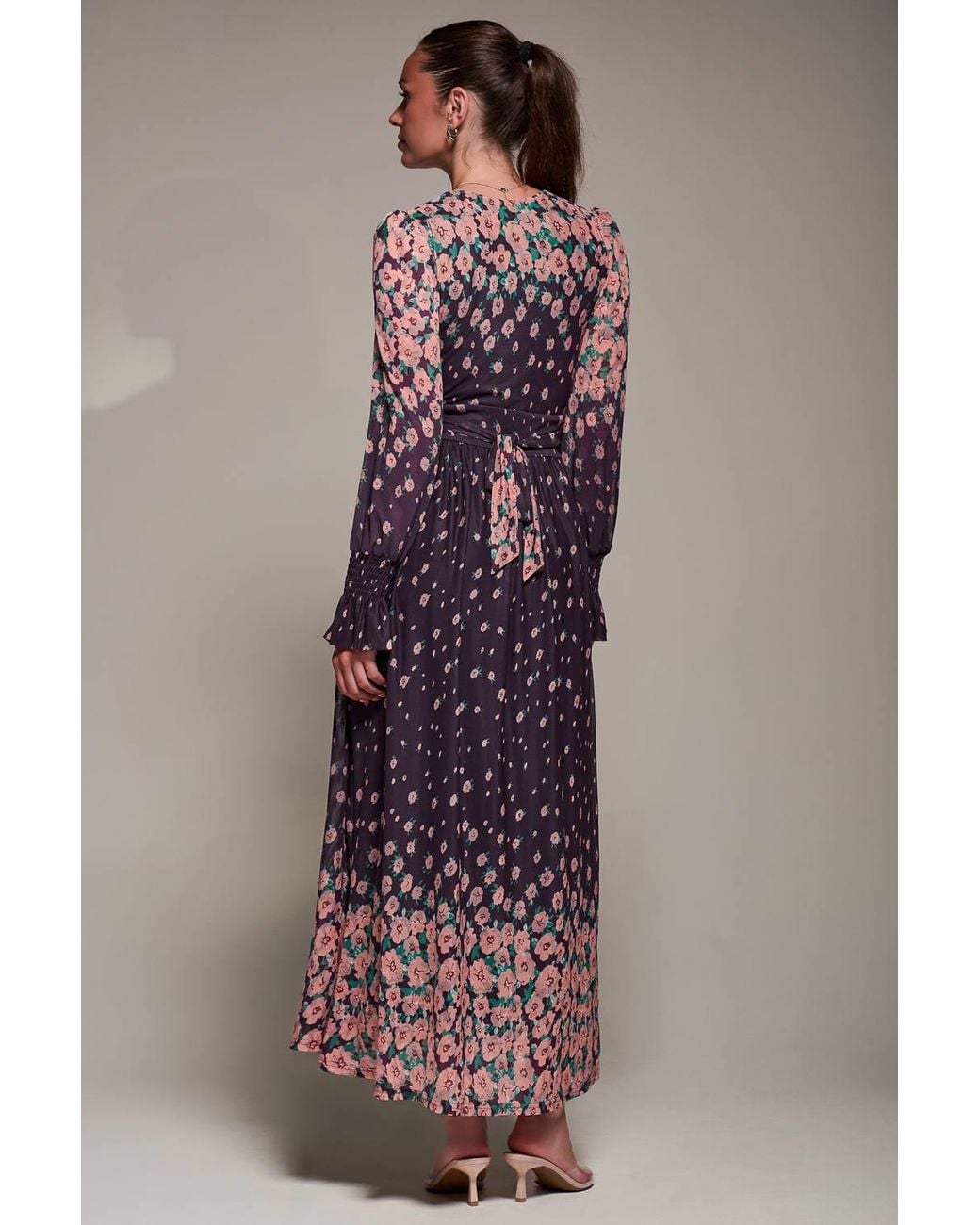 Jolie Moi Purple Mirrored Print Long Sleeve Mesh Maxi Dress