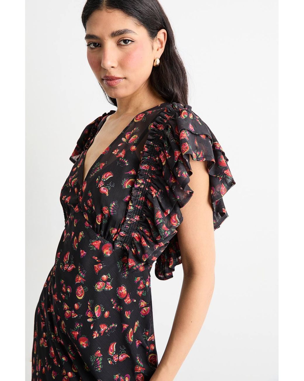 Warehouse White Floral Print Ruffled Sleeve V Neck Maxi Dress