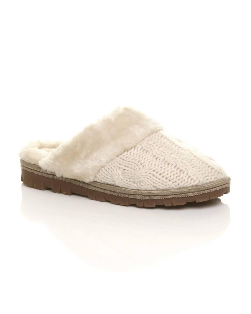 AJVANI White Flat Heel Mule Glitter Cable Knit Slippers