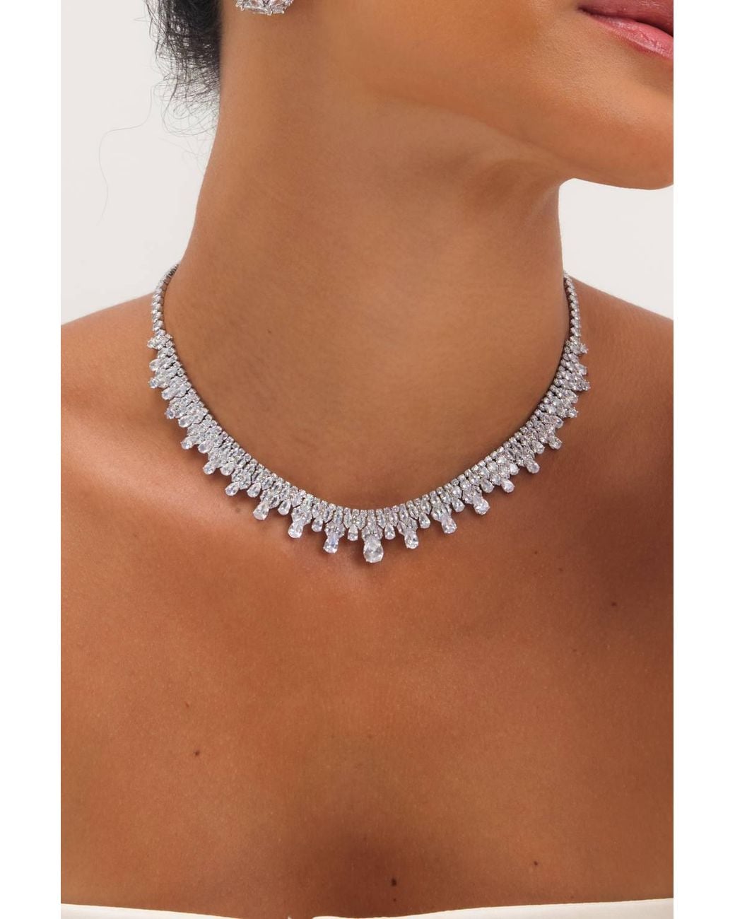 Jon Richard White Rhodium Plated & Cubic Zirconia Peardrop Collar Necklace