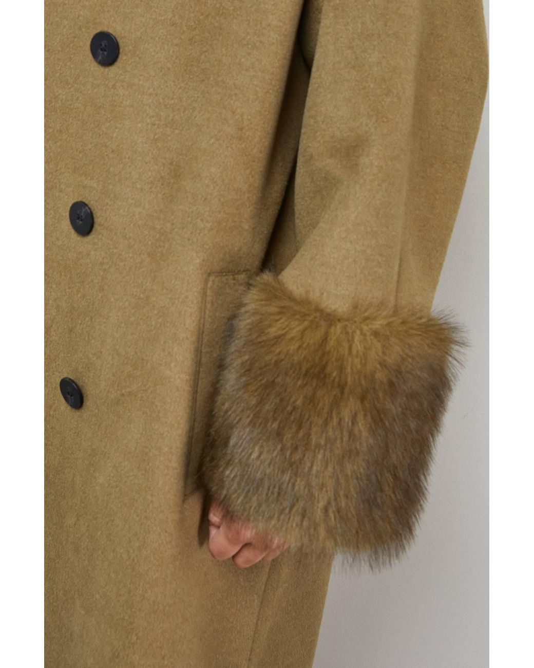 Warehouse Green Patch Pocket Faux Fur Cuff Maxi Coat