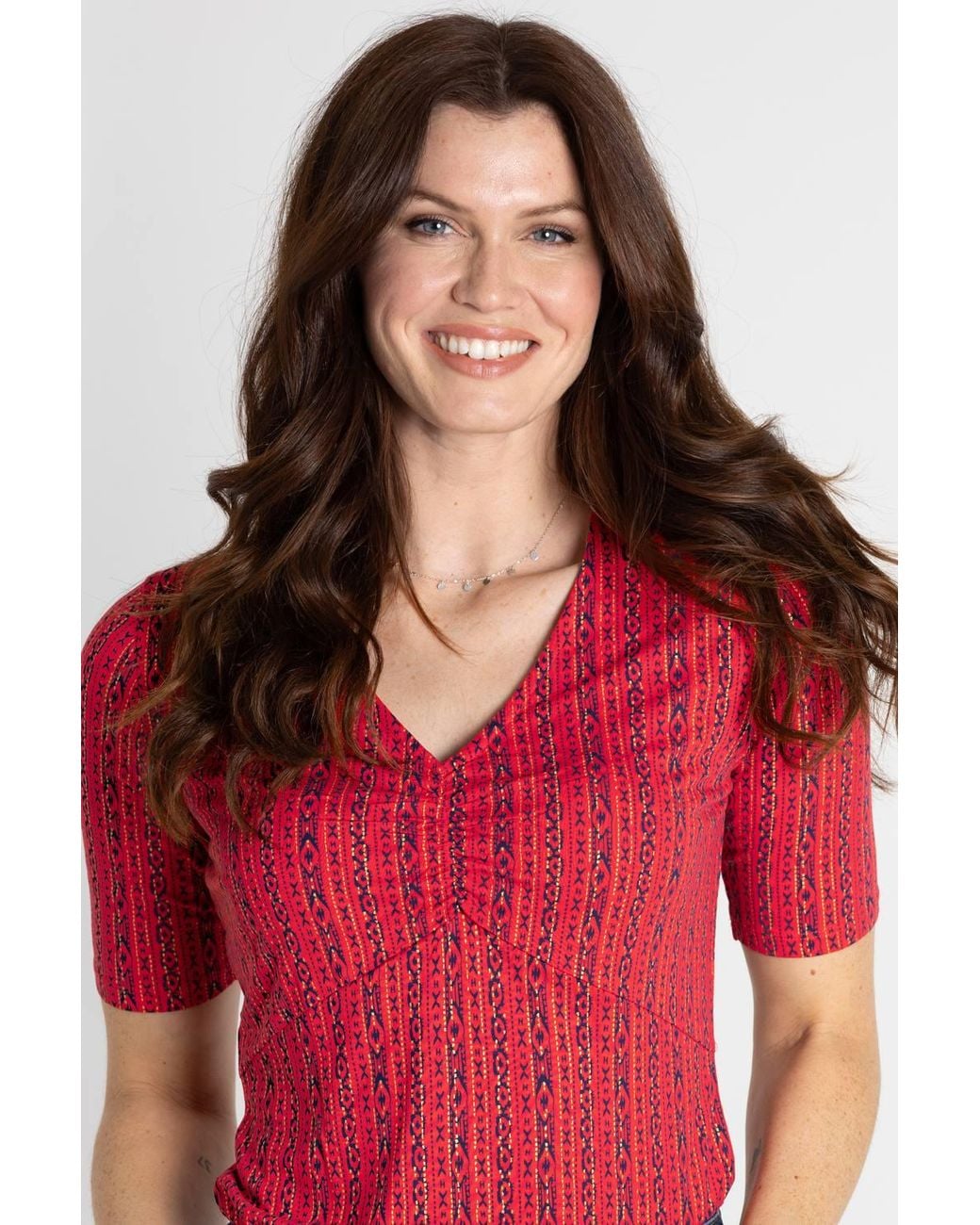 Enorsia Red Short Sleeve Shimmer Printed Viscose Top