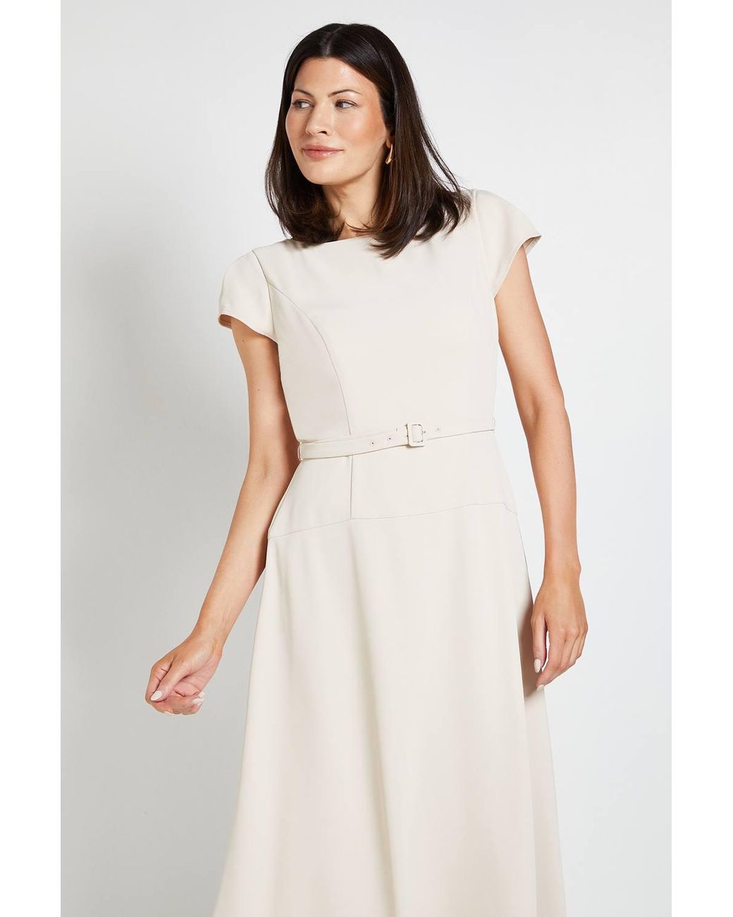 Wallis White Crepe Belted Cap Sleeve Midi Dress