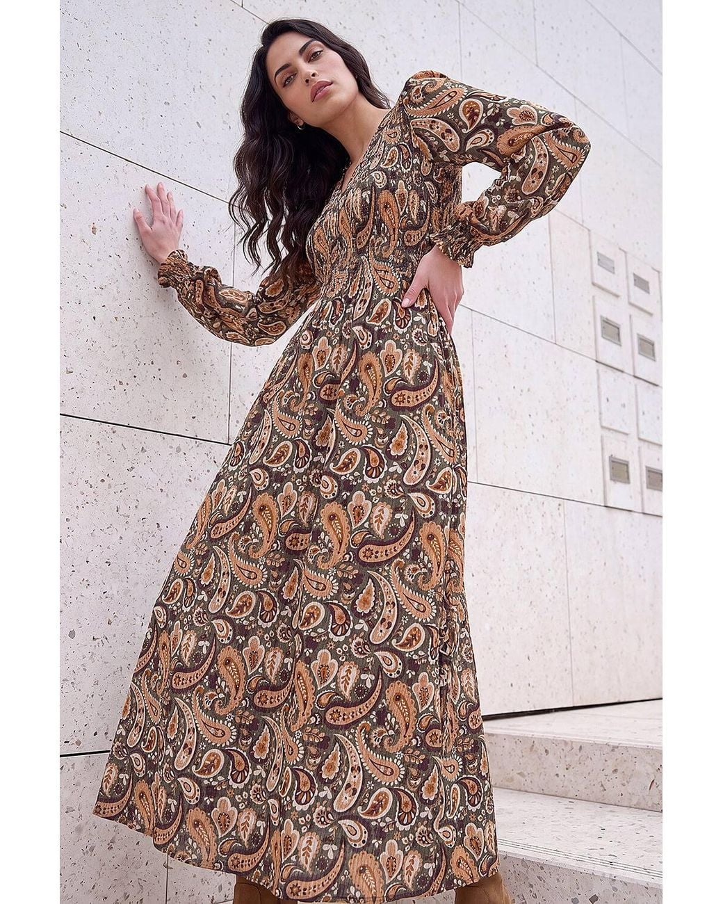 D.u.s.k Green Paisley Shirred Midi Dress
