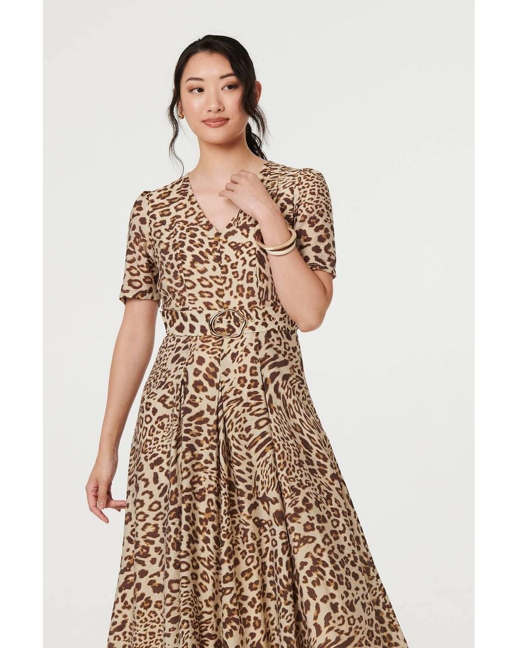 Izabel London Natural Animal Print Belt Detail Midi Dress