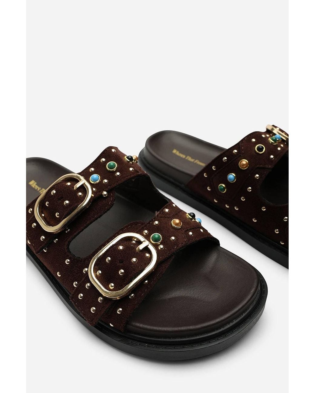Where's That From Black Ceylon Diamante Stud Double Buckle Suede Slide On Sandal