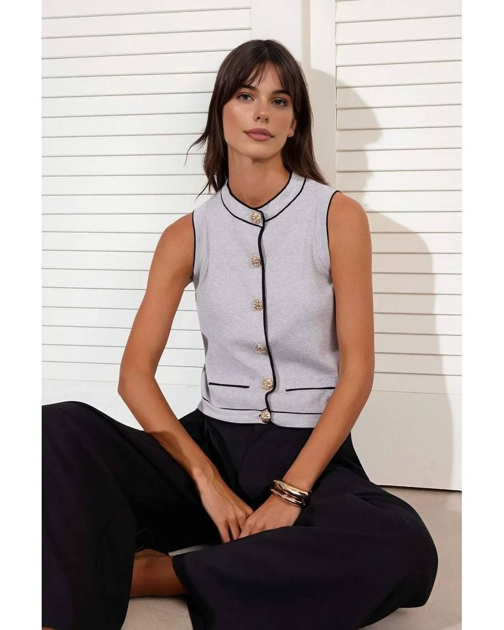WOVCOR White Contrast Trim Button Detail Sleeveless Knit Top