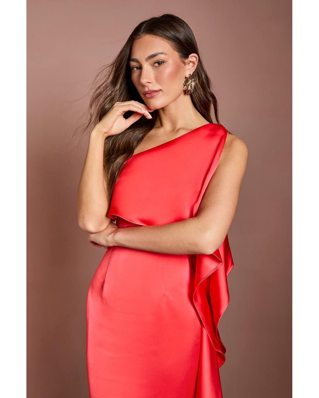 Coast Red Waterfall One Shoulder Satin Maxi Dress