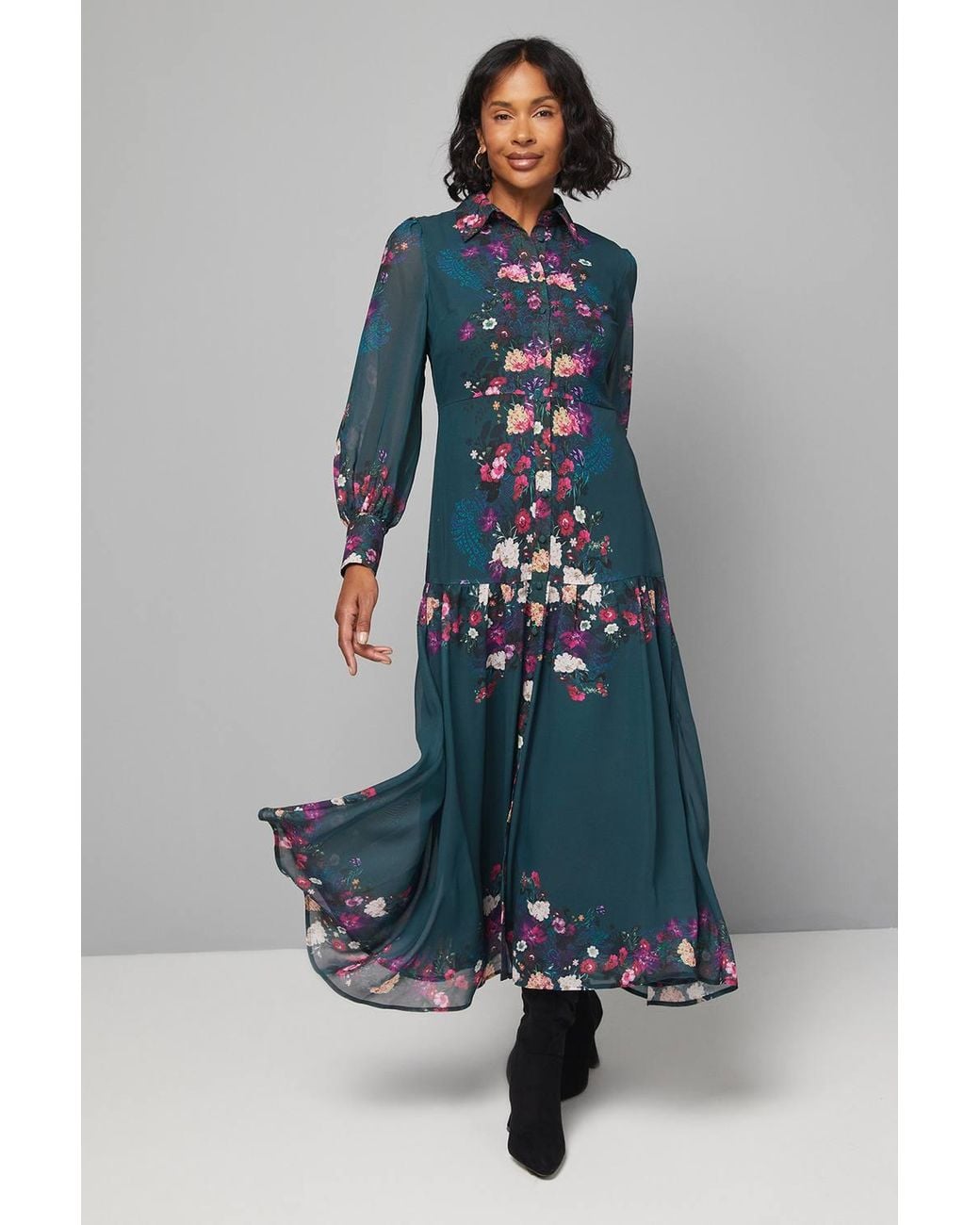 Wallis Blue Floral Tiered Shirt Maxi Dress