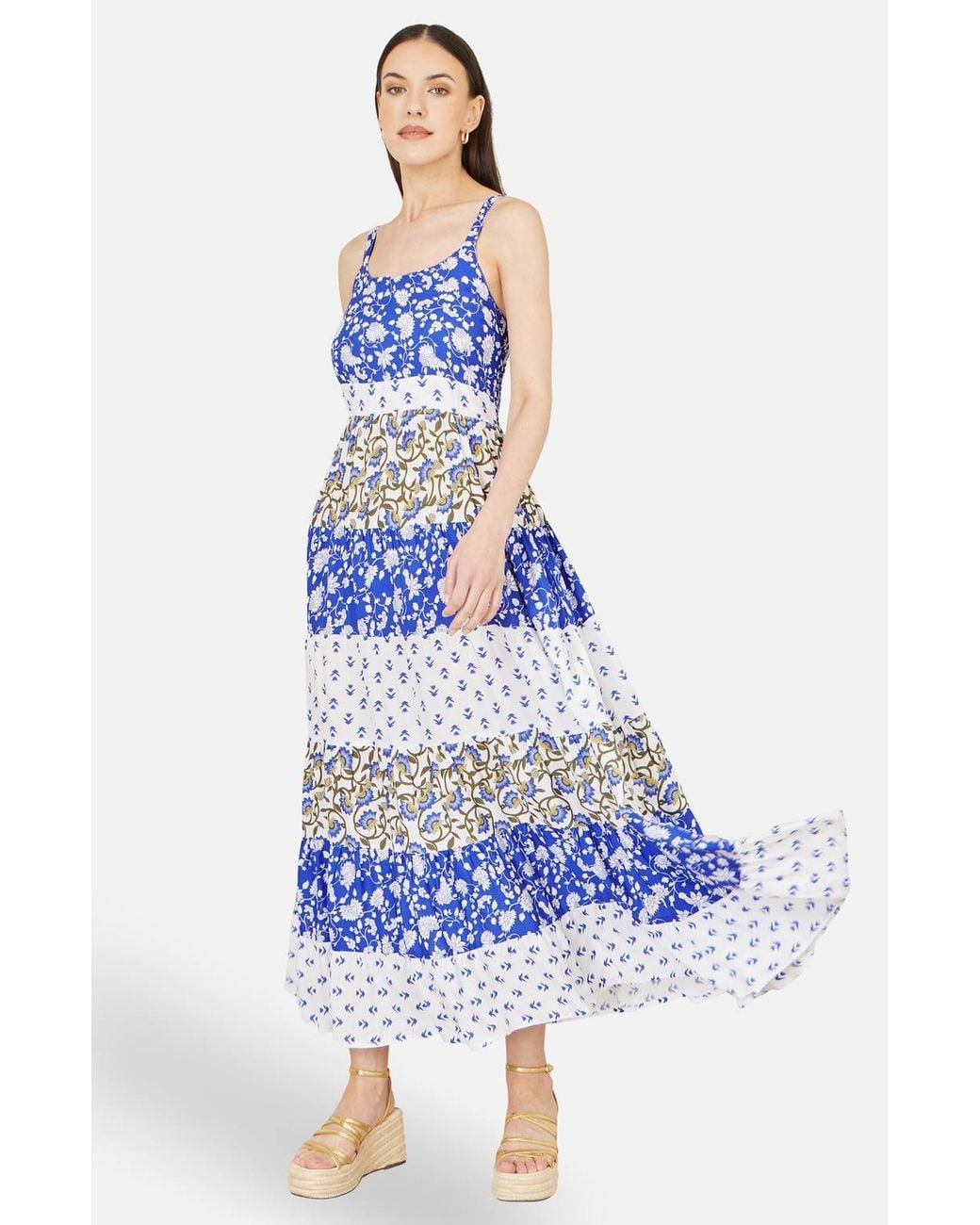 Yumi' Blue Rayon Patchwork Print Tiered Maxi Dress