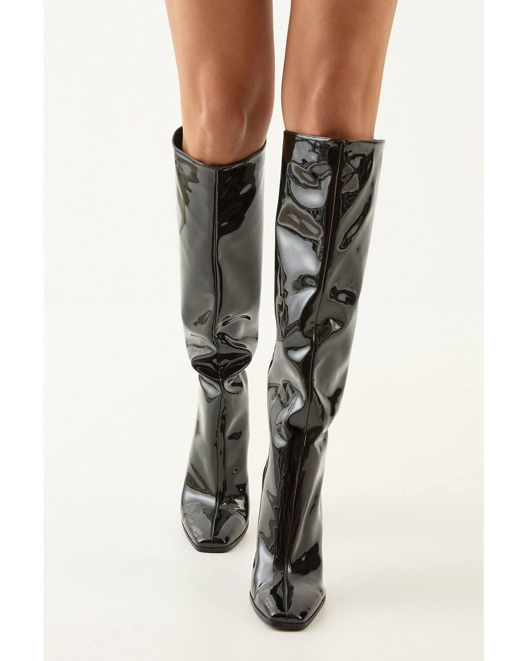 MissPap Black Faux Patent High Flared Stiletto Heel Knee Boots