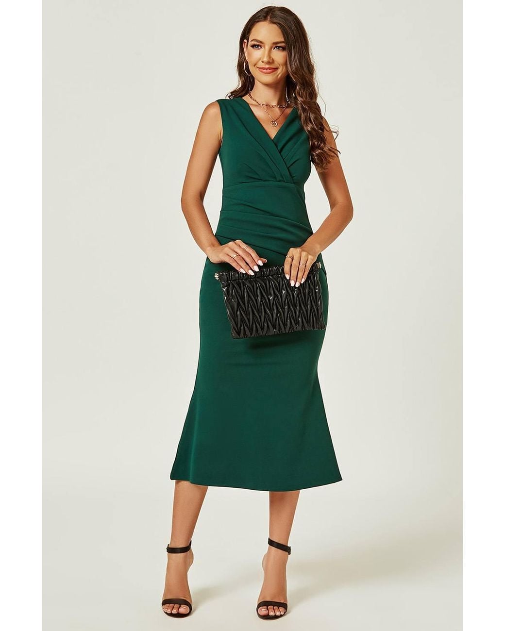 FS Collection Green Bardot Pleated Occasion Midi Dress