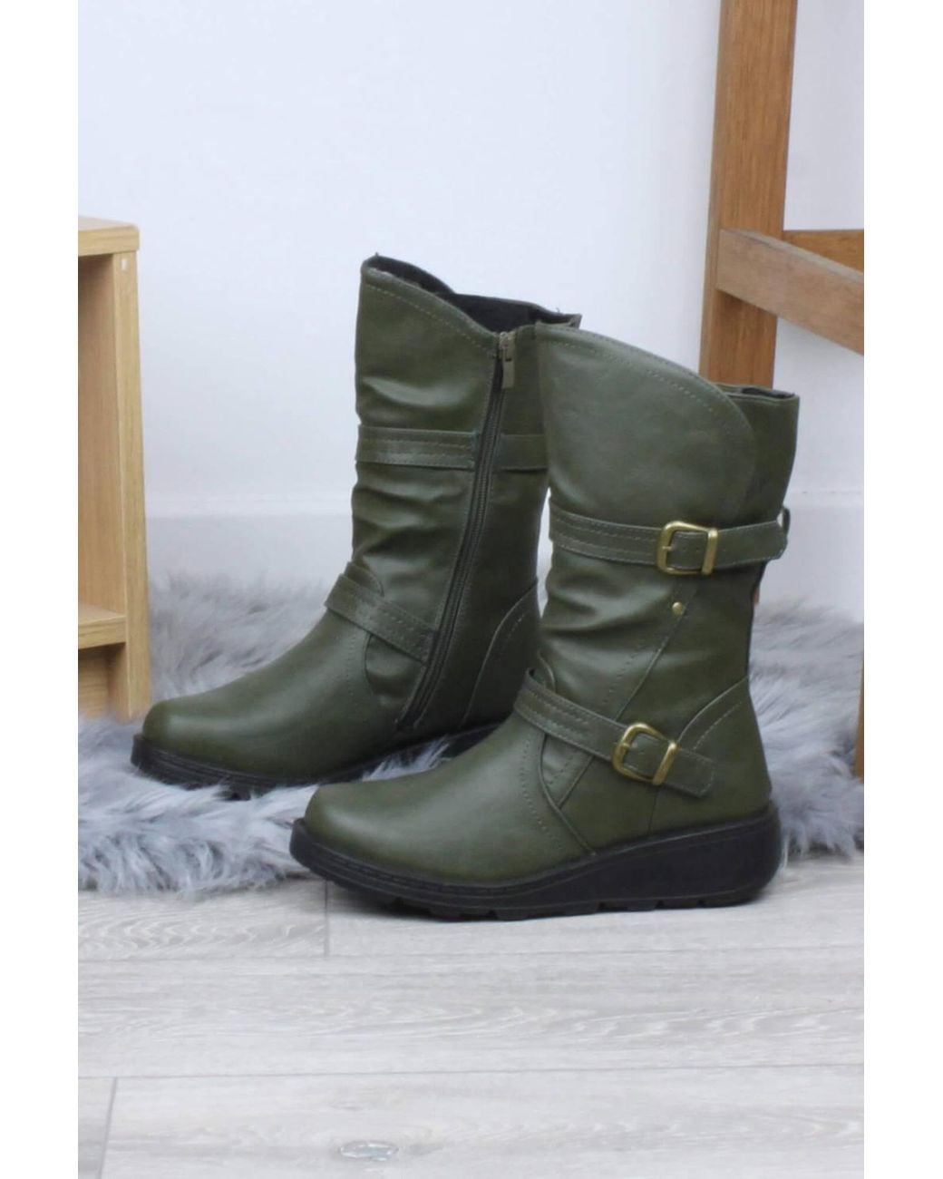 AJVANI Green Low Wedge Heel Comfort Calf Biker Boots