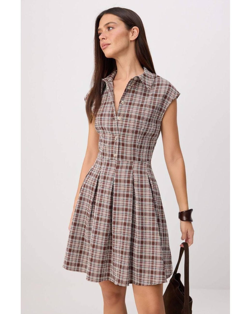 WOVCOR Natural Short Sleeve Shirt Neck Skater Mini Dress