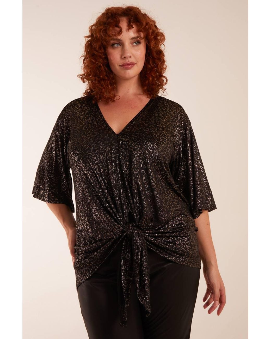 Blue Vanilla Black Curve Leopard V Neck Tie Front Top