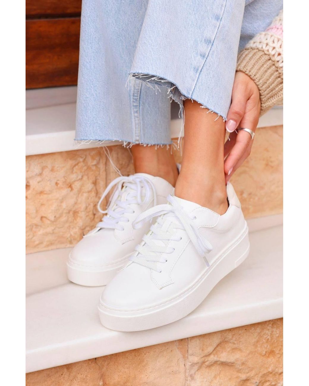 Linzi White Jersey Faux Leather Trainers