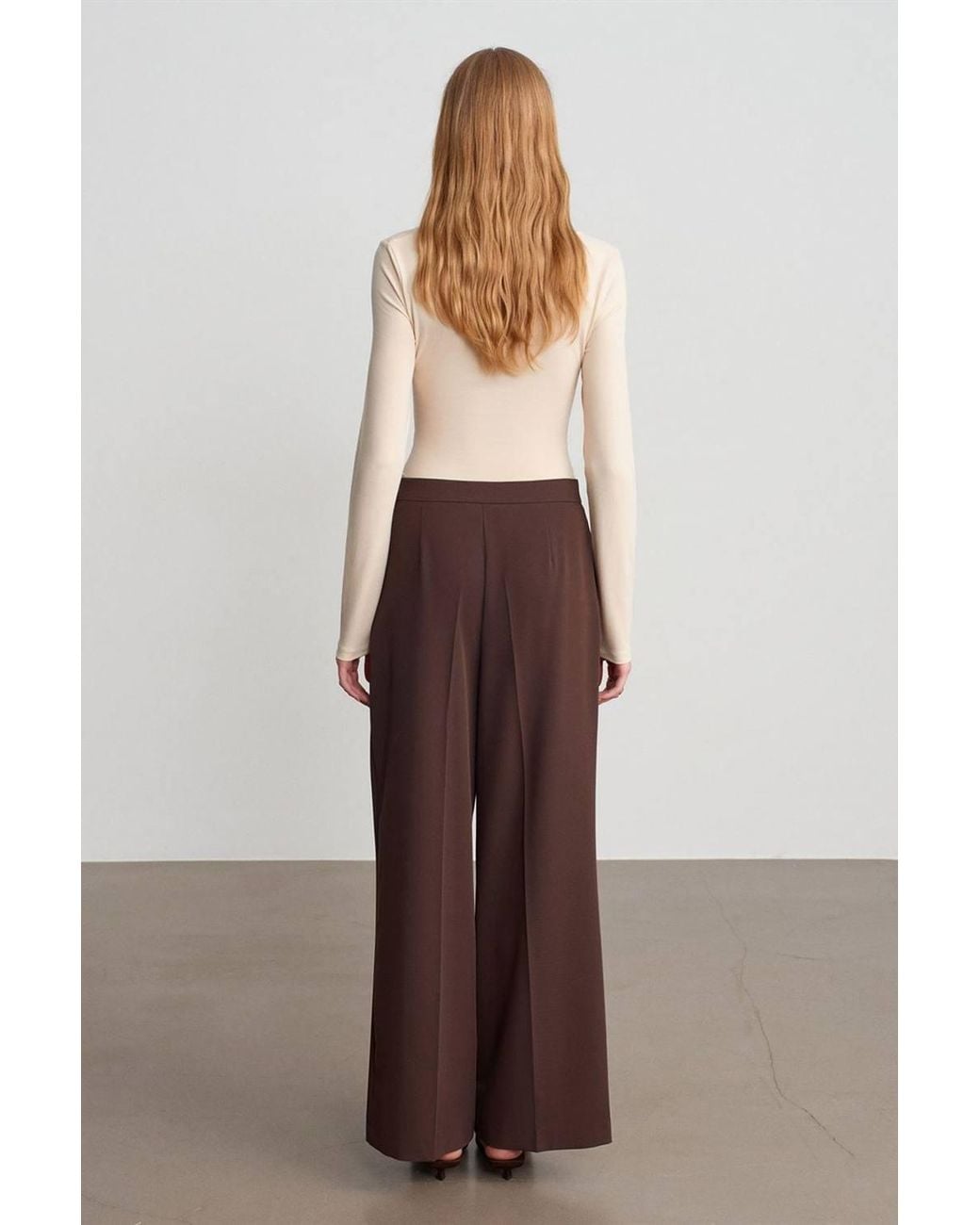 Dilvin Brown Wide-Leg Belted Crepe Trousers