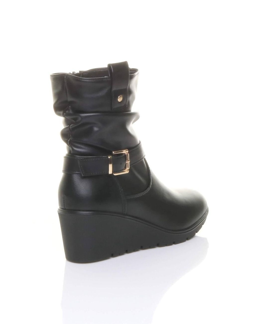 AJVANI Black Mid Wedge Heel Buckle Ankle Boots
