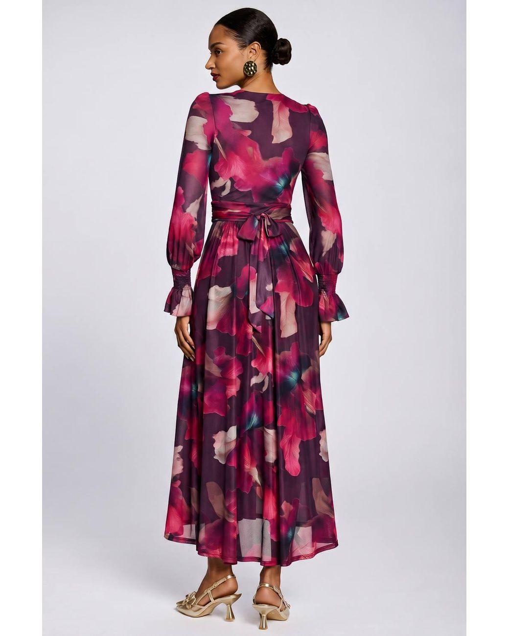 Jolie Moi Red Long Sleeve V Neck Mesh Maxi Dress
