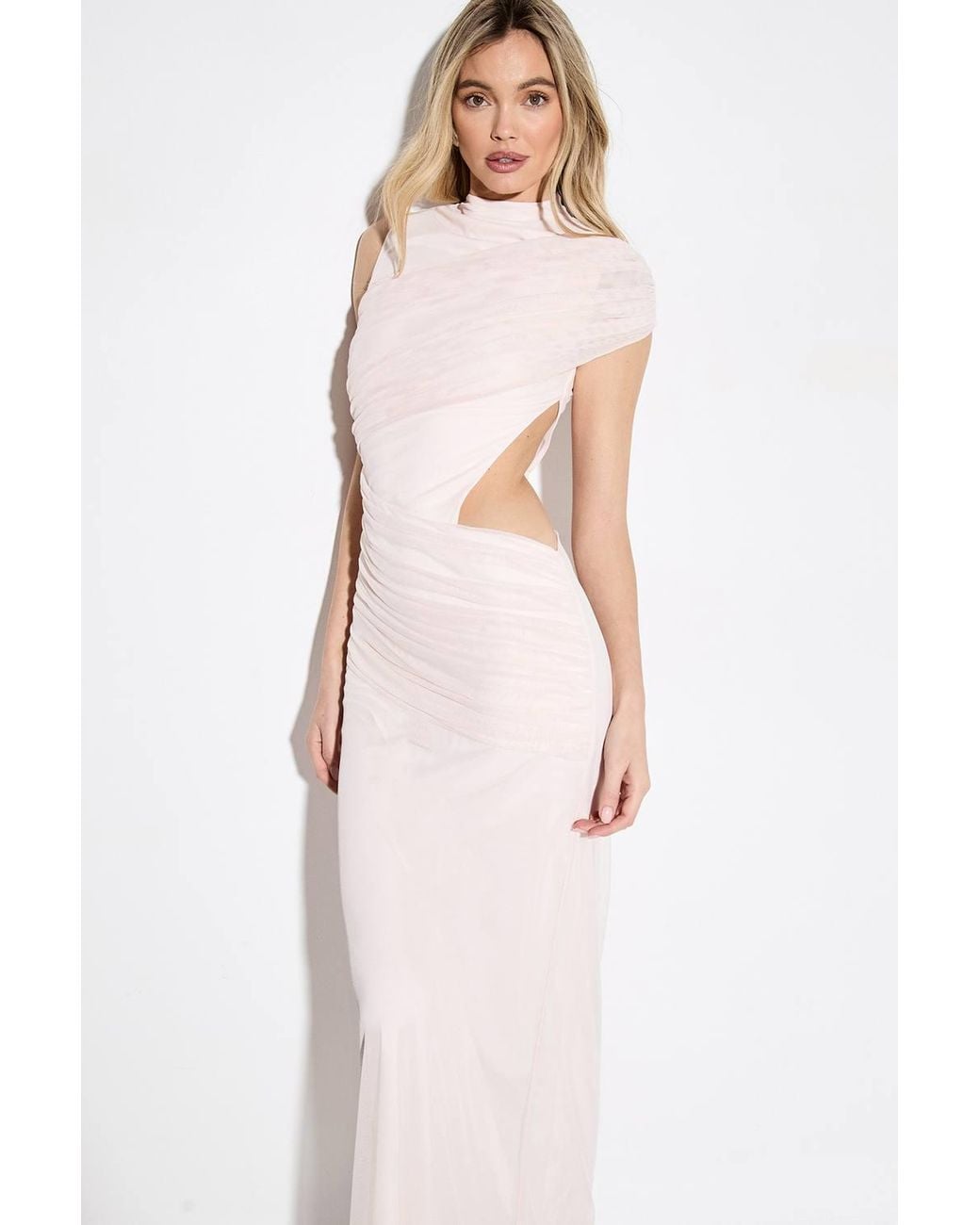 MissPap Pink Gathered Mesh Cut Out High Neck Maxi Dress