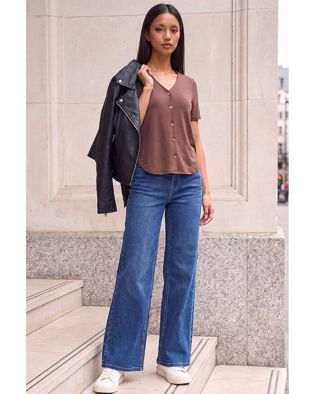 Roman Blue Petite V-Neck Buttoned Blouse