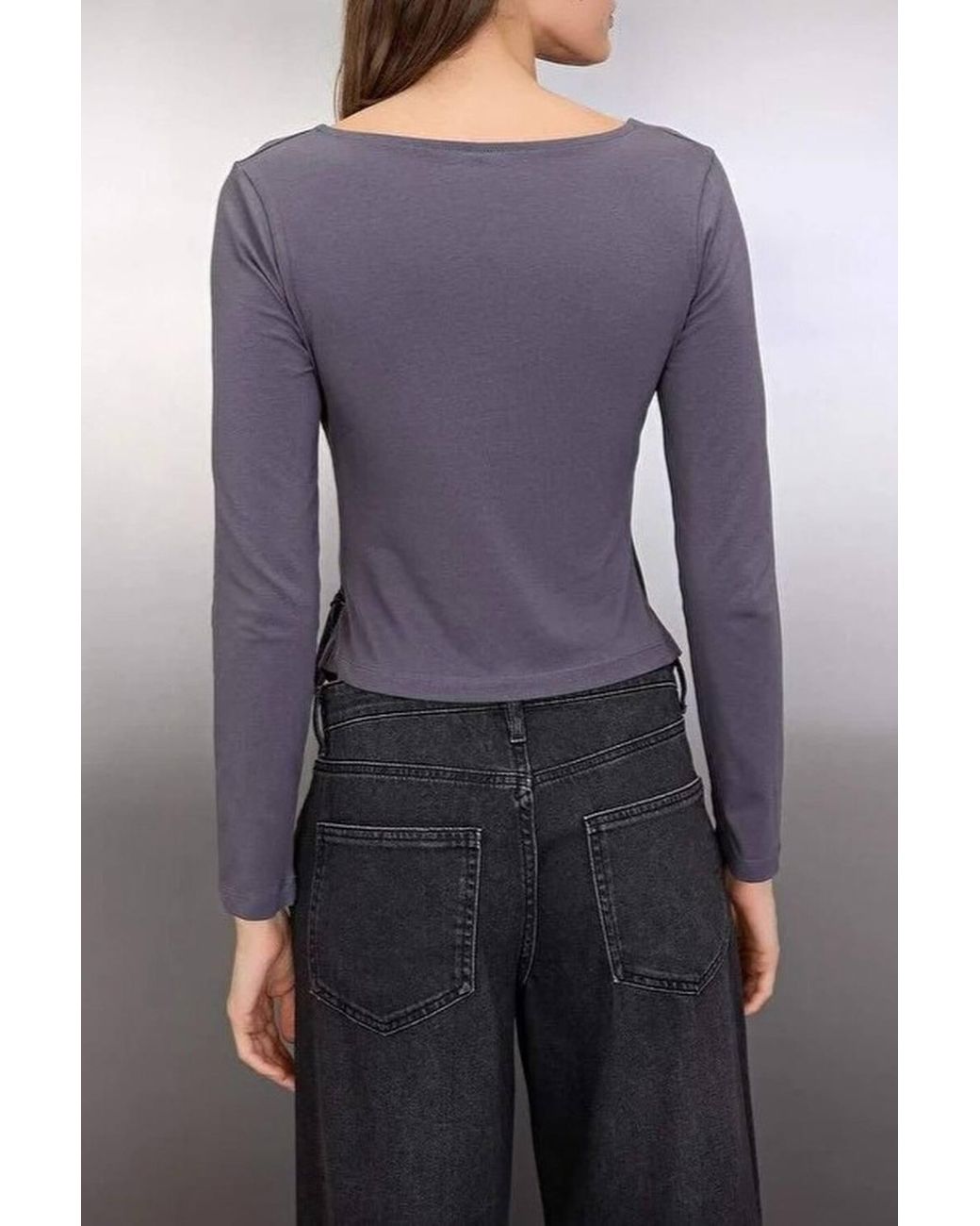 WOVCOR Gray V Neck Fitted Wrap Knit Blouse W/ Tie Side Detail