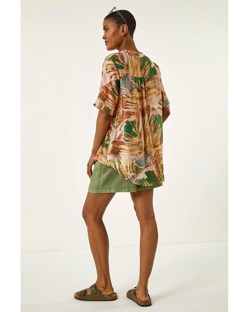 Roman Brown Abstract Print V-Neck Button Top
