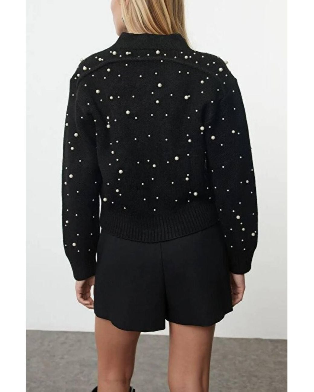 WOVCOR Black Textured Knit Zipper Cardigan W/ Stone Embellishment