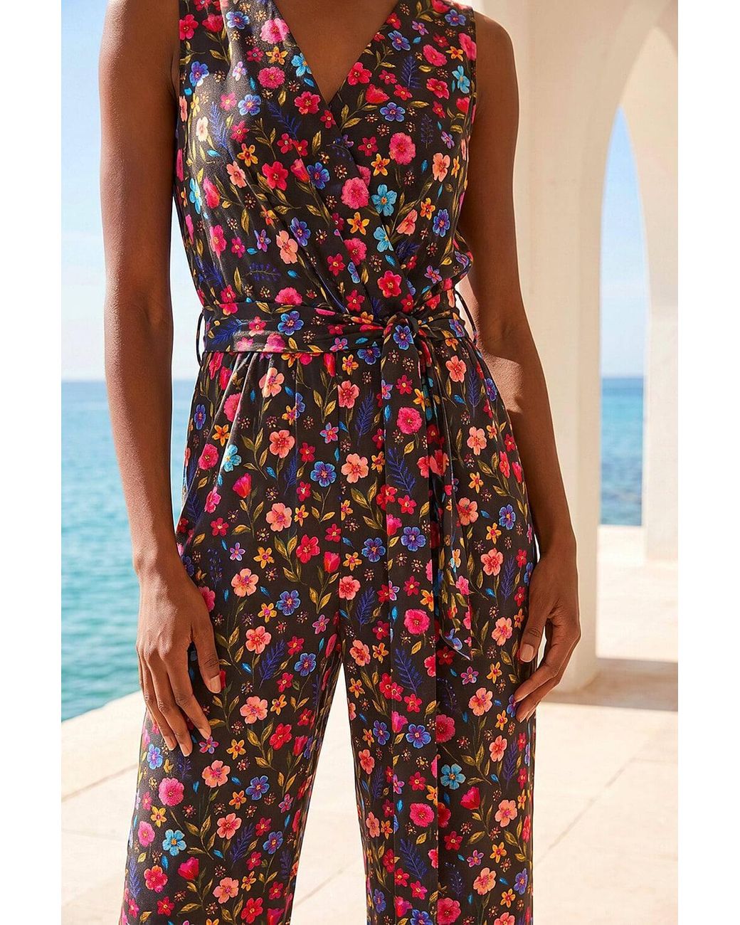 Roman Black Petite Ditsy Wrap Bodice Jumpsuit