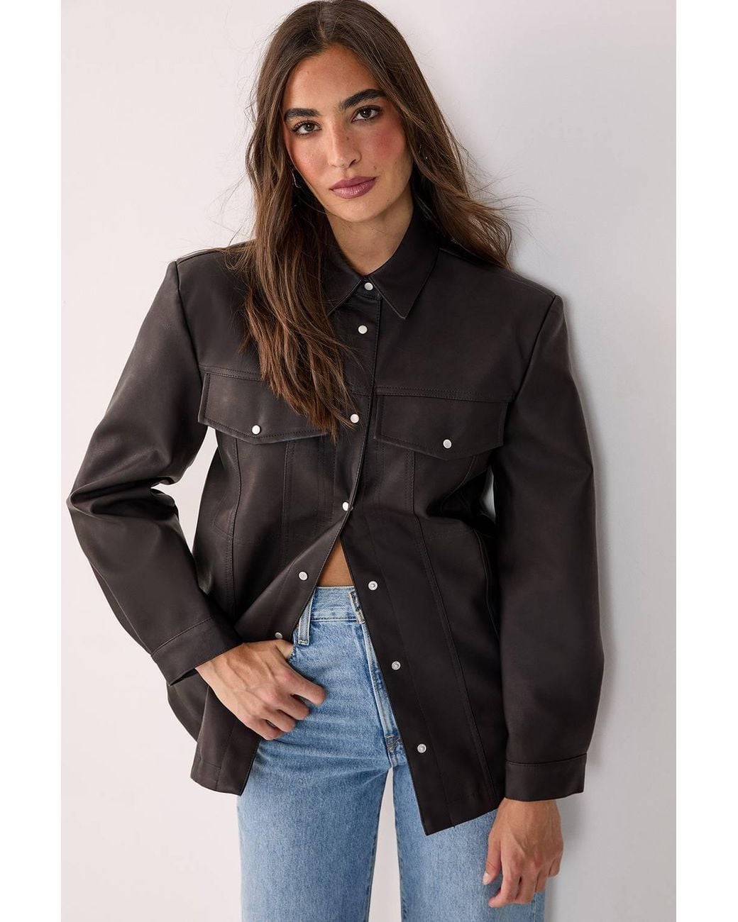 Nasty Gal Black Western Faux Leather Shoulder Pad Shirt