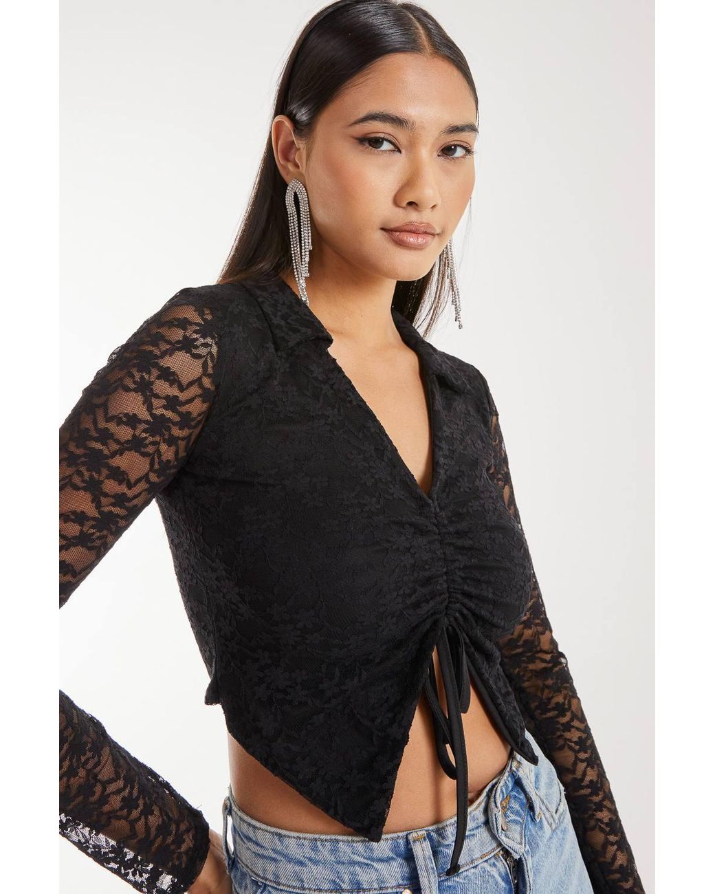 Pink Vanilla Blue Lace Long Sleeve Tie Front Top