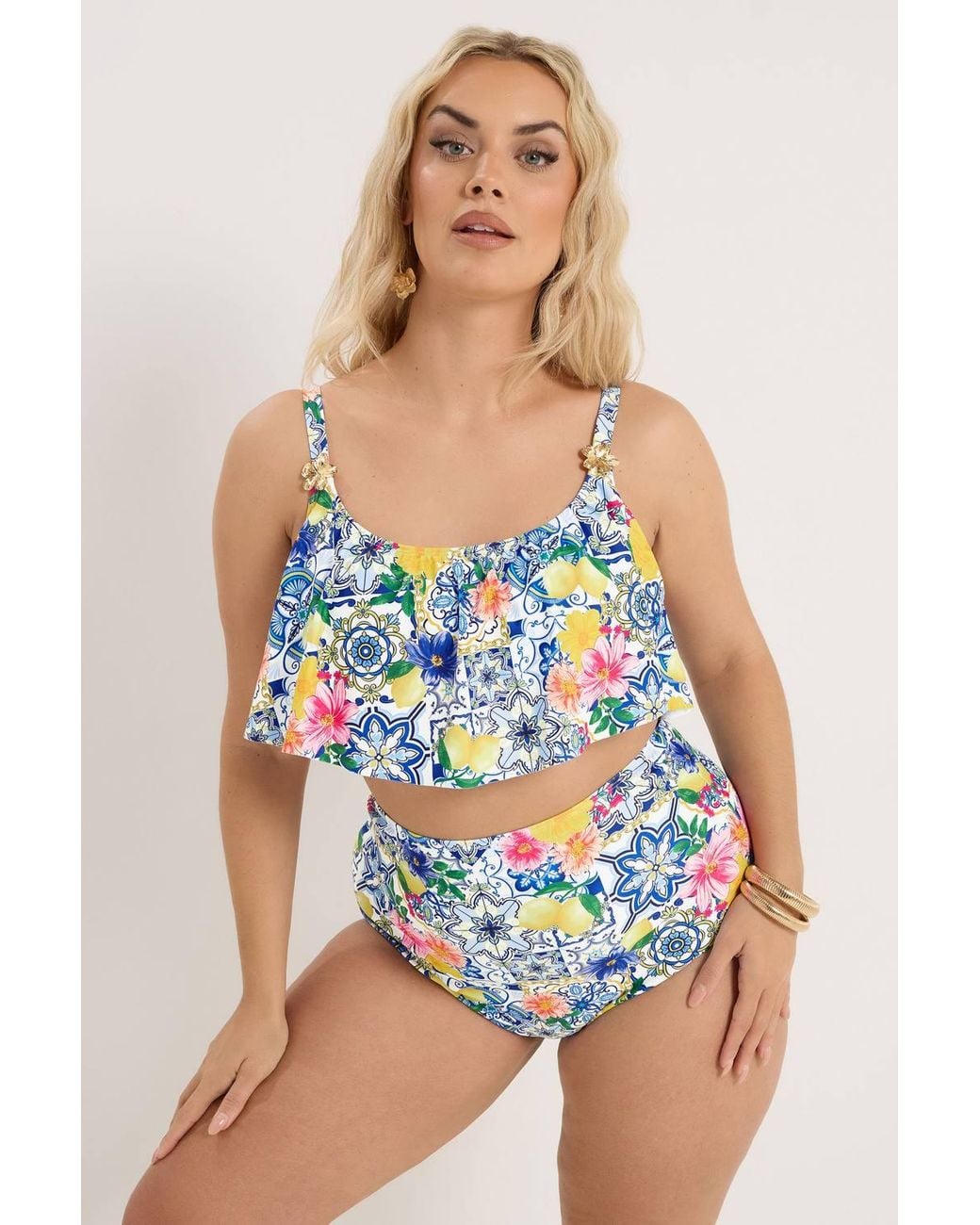 Yours Blue Mediterranean Tile Frill Bikini Top