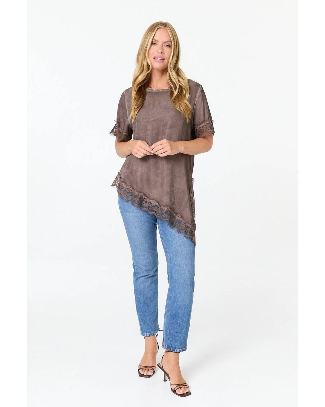 Izabel London Brown Lace Trim Asymmetric 1/2 Sleeve Top