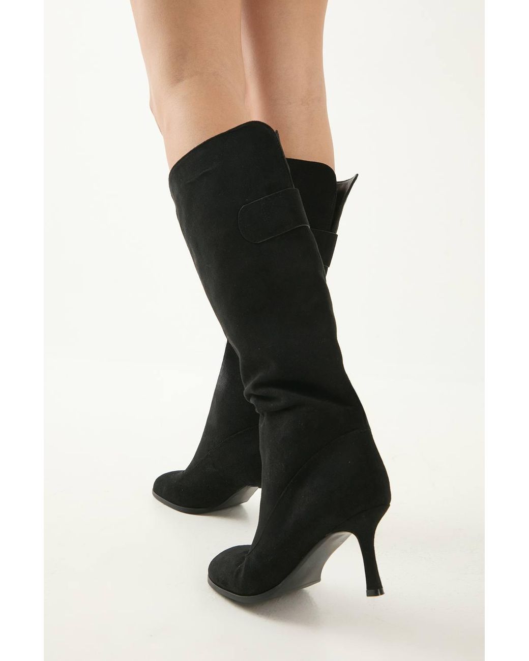 MissPap Black Faux Suede Square Toe Stiletto Heel Knee Boots