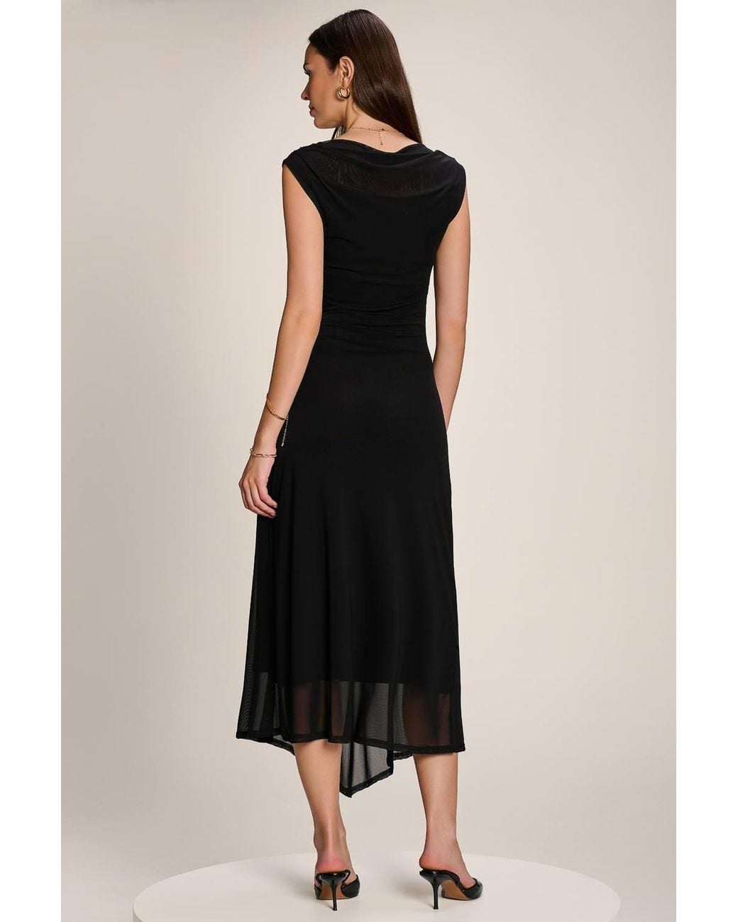 Jolie Moi Black Asymmetric Draped Mesh Maxi Dress
