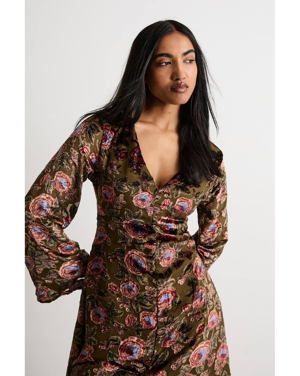 Warehouse Brown Devore Plunge Neck Waisted Midi Dress