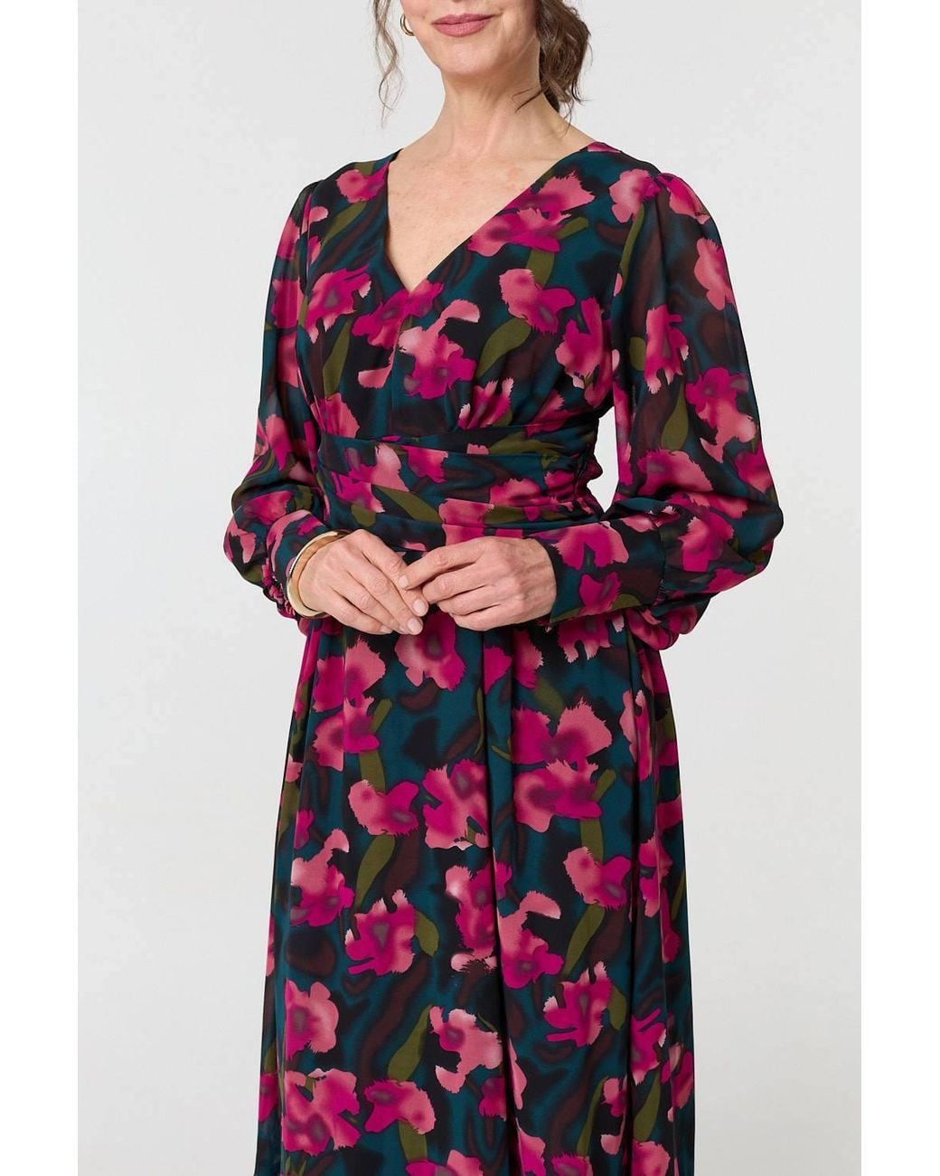 Izabel London Red Floral Ruched Long Sleeve Maxi Dress