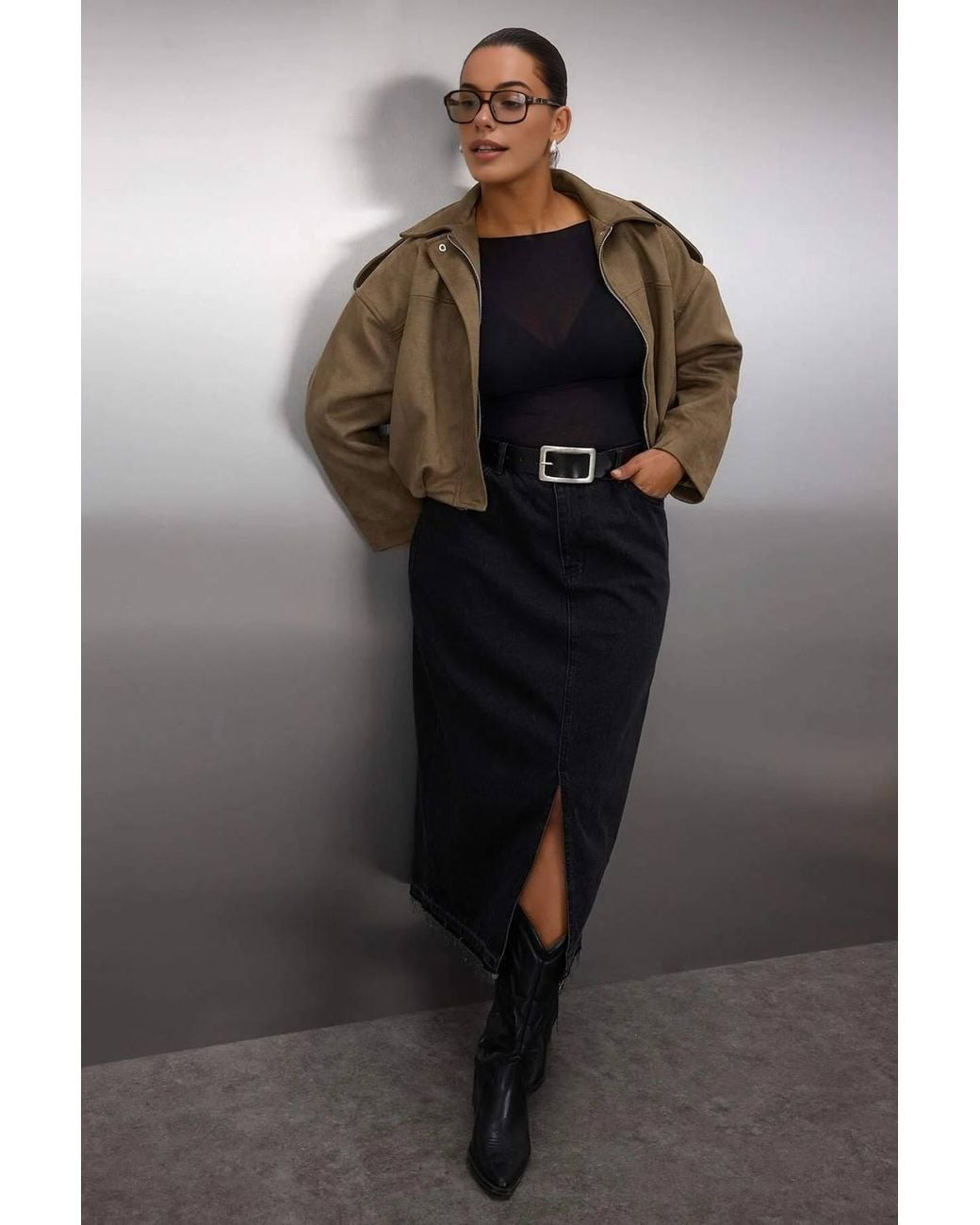 WOVCOR Black High Waist Denim Midi Skirt W/ Front Slit & Slim Fit