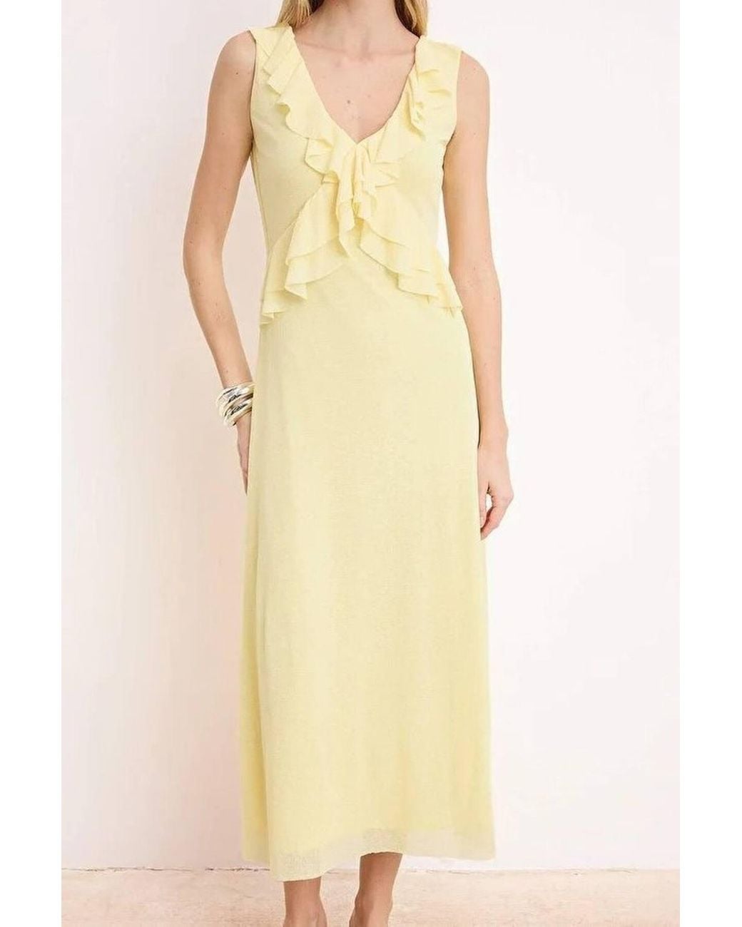 WOVCOR Yellow V Neck Ruffle Detail Sleeveless A-Line Midi Knit Dress